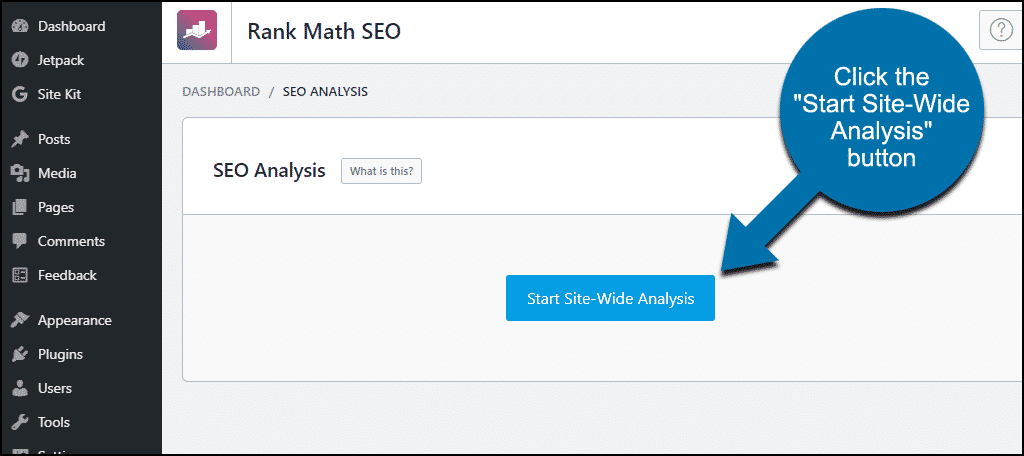 Plugin Rank Math WordPress klik tombol "Mulai Analisis Seluruh Situs"
